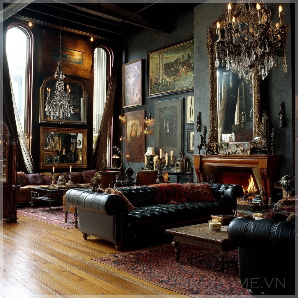 Phòng khách phong cách Gothic với sàn gỗ thô, thảm trải sàn, đèn chùm sang trọng, ghế Chesterfield, đồ...