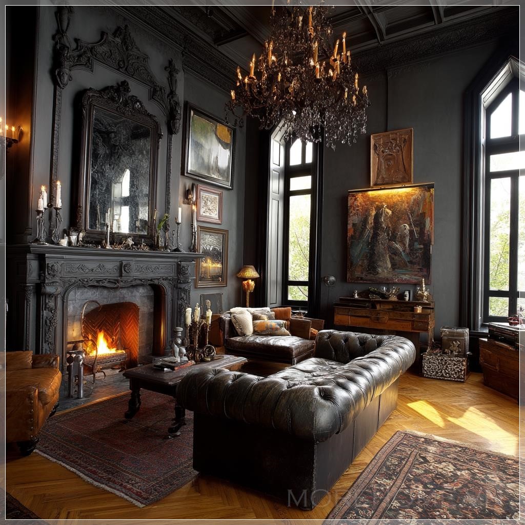 Phòng khách phong cách Gothic với sàn gỗ thô, thảm trải sàn, đèn chùm sang trọng, ghế Chesterfield, đồ...
