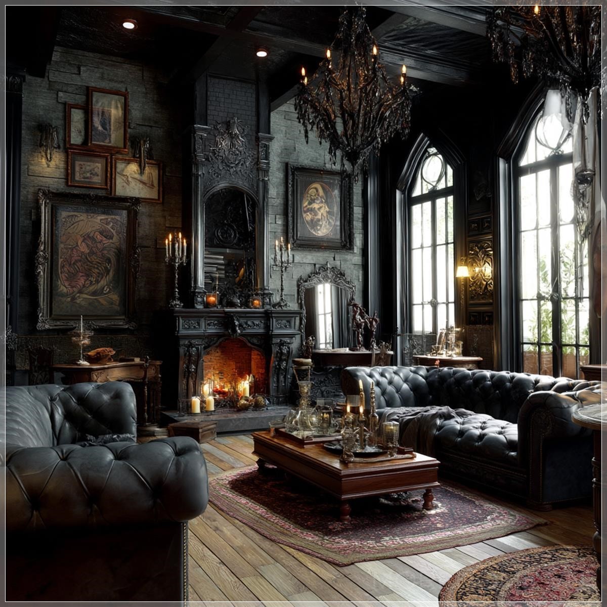 Phòng khách phong cách Gothic với sàn gỗ thô, thảm trải sàn, đèn chùm sang trọng, ghế Chesterfield, đồ...