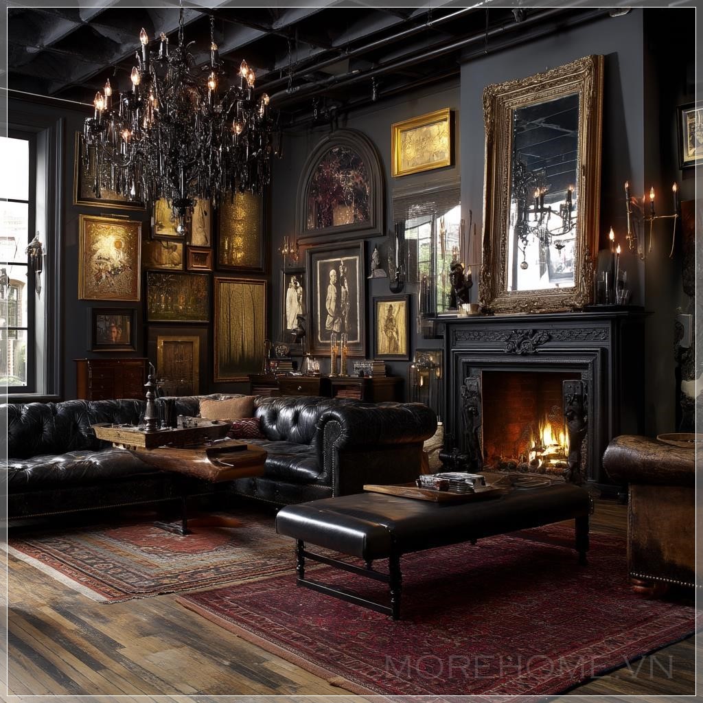 Phòng khách phong cách Gothic với sàn gỗ thô, thảm trải sàn, đèn chùm sang trọng, ghế Chesterfield, đồ...